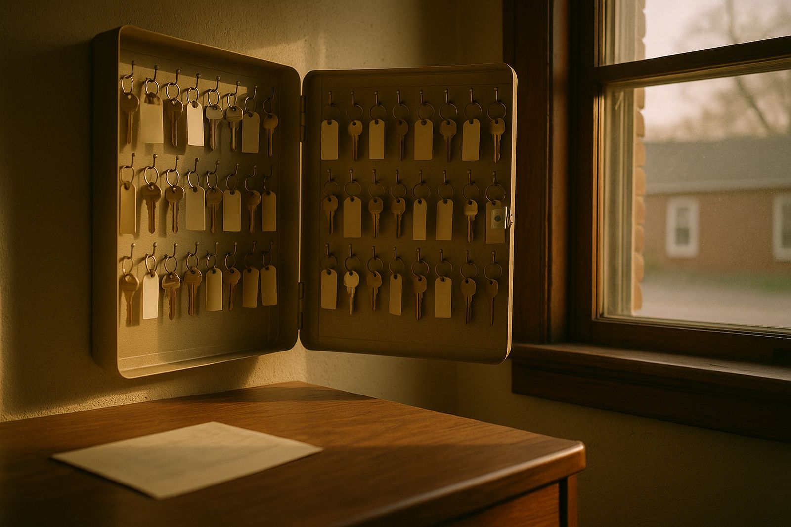 A key cabinet full of house keys in a local property management office