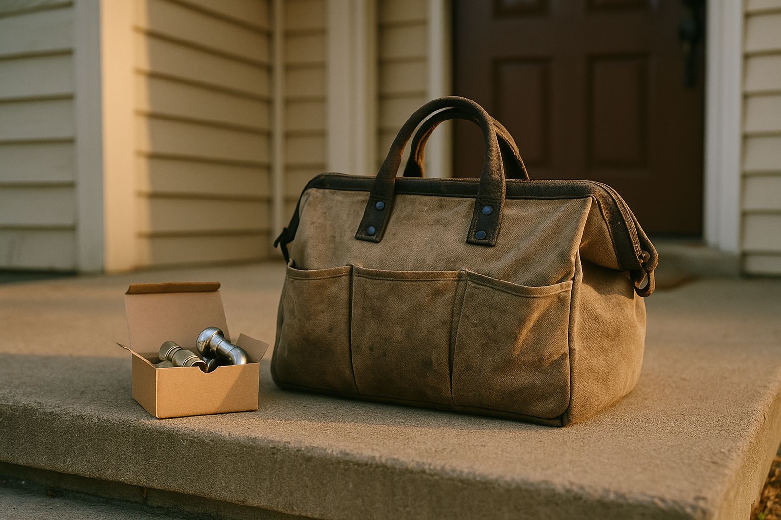 A maintenance technician's tool bag and parts on the front steps of a home