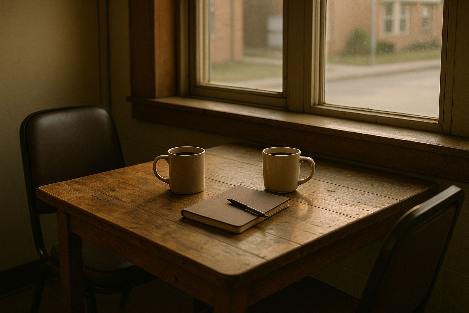 Two coffee mugs on a table by a window, ready for a conversation